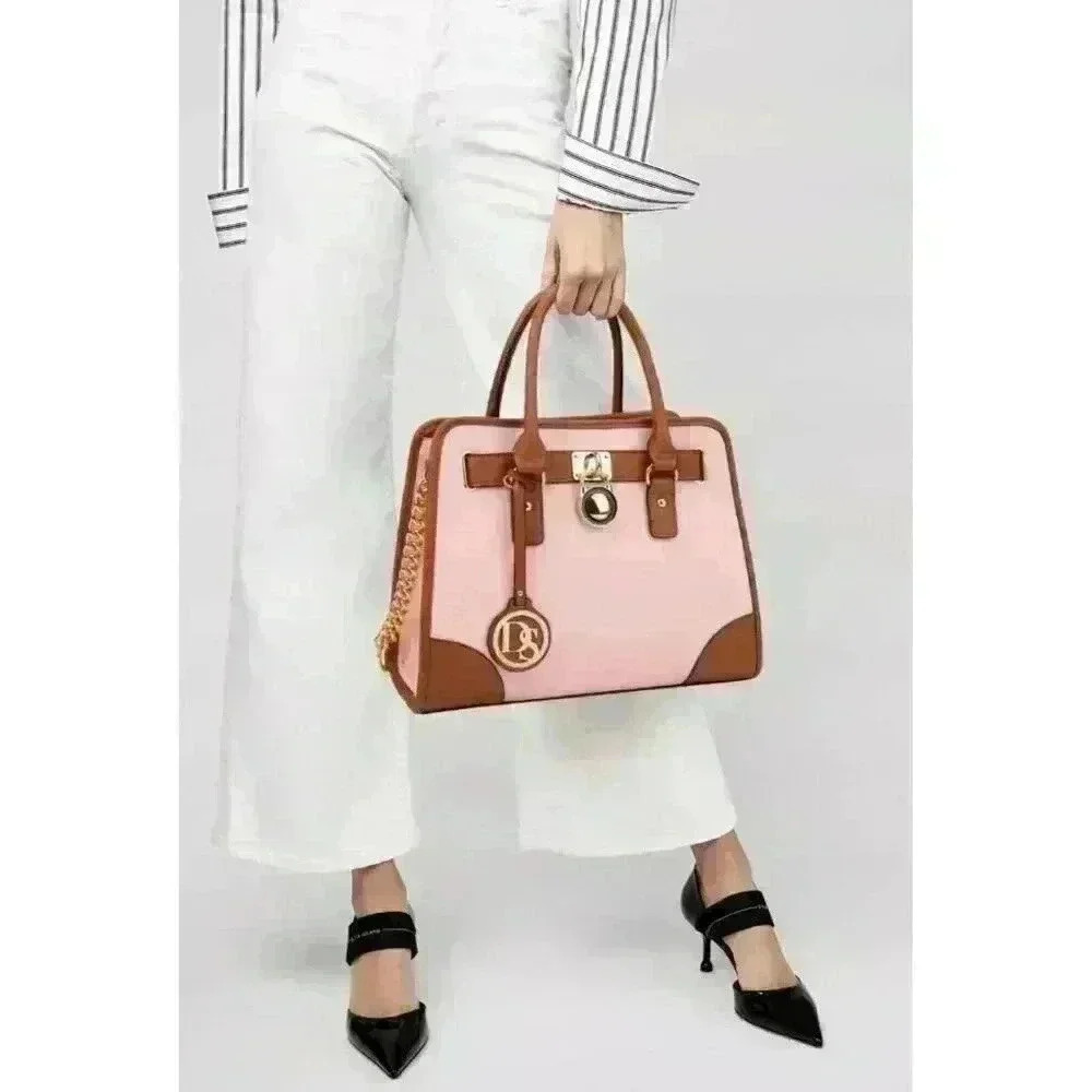 Dasein Top Handle Two Tone Satchel Handbag Vegan Leather Pink